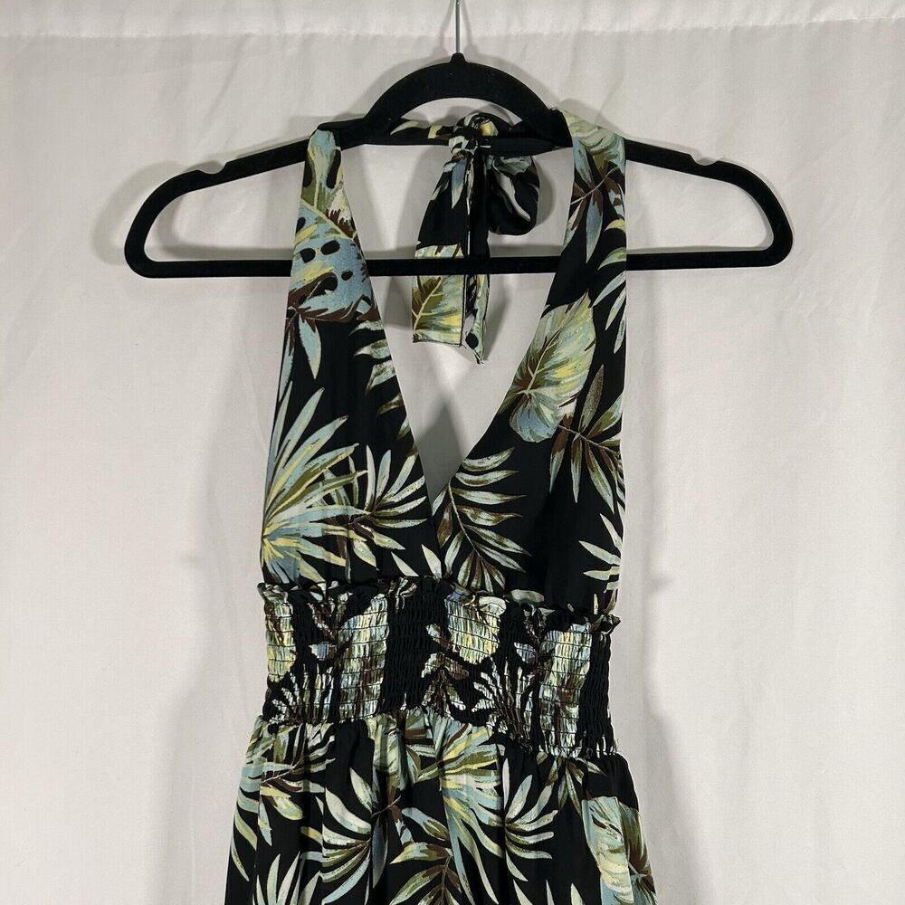Madden NYC Mini Dress Women's Small Green Floral Smocked Sleeveless Tie Neck - Picture 2 of 9
